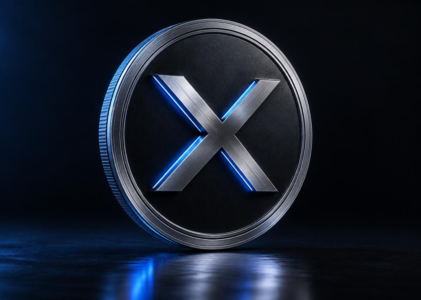 XEON matte black token with a brushed silver X and electric blue detailing